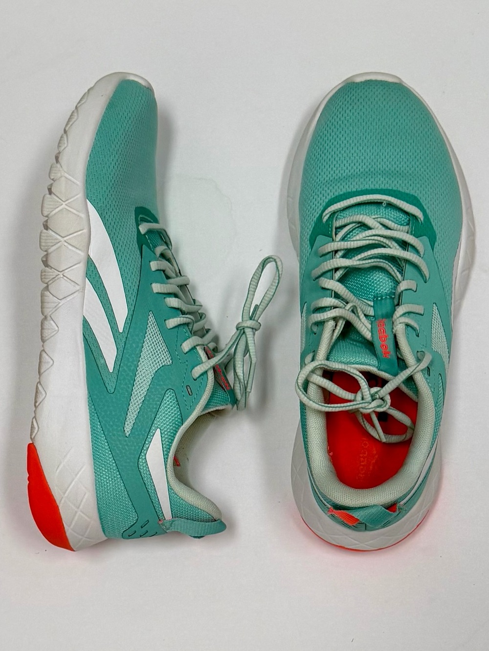 Reebok Women’s Teal and White Athletic Sneakers with Neon Orange Accent size 8